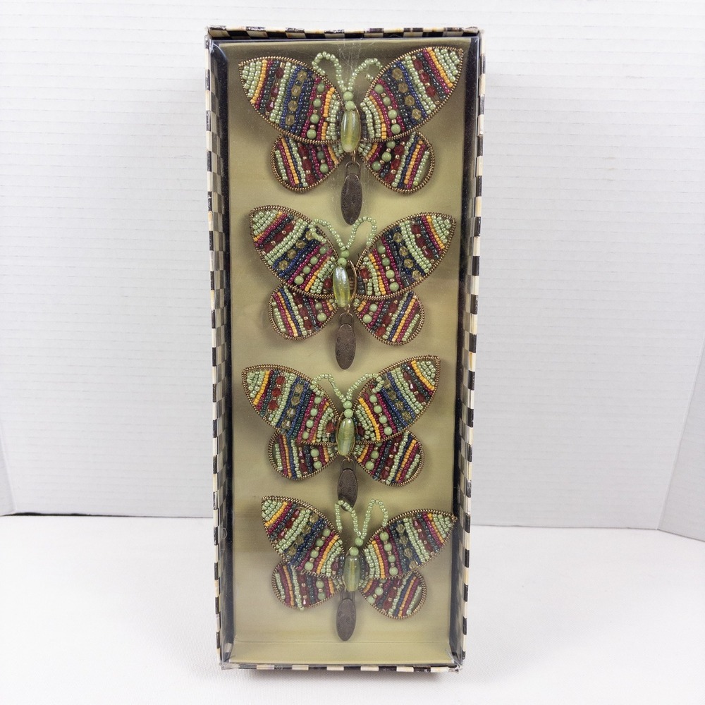 MacKenzie Childs Napkin Rings Set of 4 Multi Jewel Butterfly Courtly Check Rare